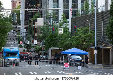 Seattle, Washington / USA - June 10 2020: Blockade On 9th In Front Of The Seattle Police Department West Precinct