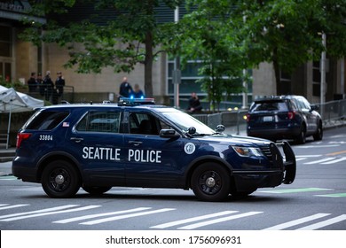 Seattle, Washington / USA - June 10 2020: Patrol car in front of the Seattle Police Department West Precinct