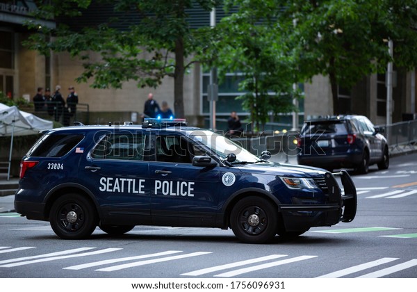 Seattle, Washington / USA\
- June 10 2020: Patrol car in front of the Seattle Police\
Department West\
Precinct