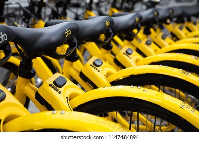 Seattle, Washington / USA - June 16 2018: Row Of Ofo Rental Bikes, Part Of An App Based Bicycle Sharing Network