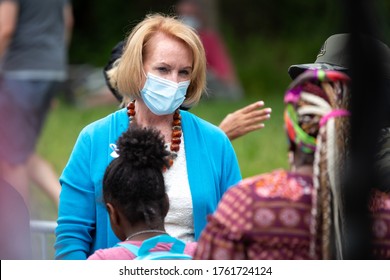 Seattle, Washington / USA - June 19 2020: Seattle Mayor, Jenny Durkan, Speaks With Community Members While Wearing A Face Mask, During The Covid-19 Pandemic