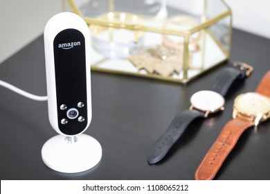 Seattle, Washington / USA - June 7, 2018: Amazon's Echo Look , A Hands Free Alexa Powered Style Assistant, With Camera For Tracking And Recommending Outfits, On A Dresser Beside A Jewelry Box