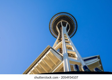 Seattle, Washington, USA - June 7 2021: Look Up Seattle Space Needle During Sunny Summer.