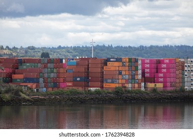 Seattle, Washington / USA - May 21 2020:  Shipping Containers At The Port Of Seattle, Along The Duwamish Waterway