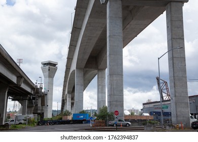 Seattle, Washington / USA - May 21 2020: Industrial Parking Lot Under The West Seattle Bridge