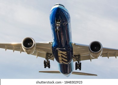 SEATTLE, WASHINGTON / USA - November 2, 2020: A Boeing 777X arrives at King County International Airport, also known as Boeing Field.