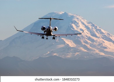 SEATTLE, WASHINGTON / USA - November 2, 2020: A Gulfstream private business jet comes in for a landing at King County International Airport, also known as Boeing Field.