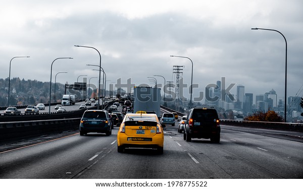 Seattle, Washington, USA -November\
2018: Traffic in Seattle, Washington, USA, autumn\
season,\
