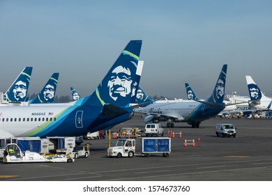 Seattle, Washington / USA - November 8 2019: Alaska Airline airplanes at Seatac Airport, in a transportation background