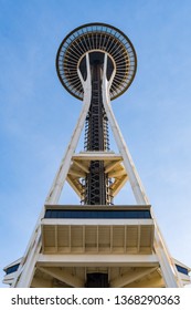 Seattle, Washington, USA - October 18, 2019: The Top Of The Space Needle Seen From Below In Seattle