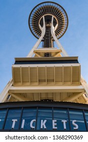 Seattle, Washington, USA - October 18, 2019: The Space Needle Ticket Office Seen From Below In Seattle