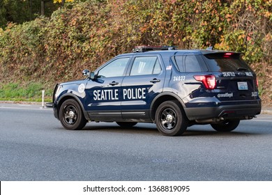 Seattle, Washington, USA - October 18, 2019: Seattle Police Patrol Car In Delridge Residential Neighborhood