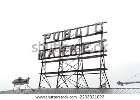 Seattle, Washington, USA- October 4, 2022: Black and white neon sign of Seattle's famous public market, Pike Place Market