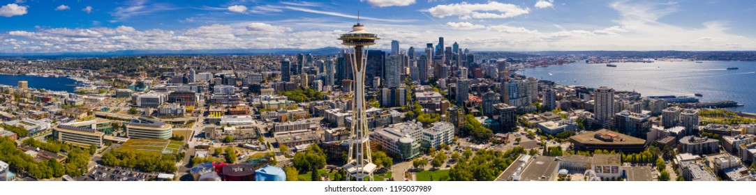 SEATTLE, WASHINGTON, USA - SEPTEMBER 15, 2018: Aerial Drone Shot Of The Seattle Space Needle Panorama