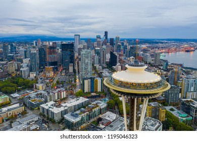 SEATTLE, WASHINGTON, USA - SEPTEMBER 15, 2018: Aerial Image Seattle Space Needle