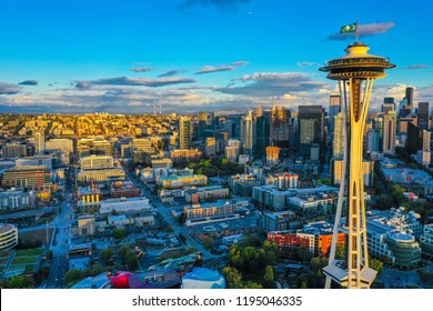 SEATTLE, WASHINGTON, USA - SEPTEMBER 15, 2018: Aerial Drone Photo Of The Seattle Space Needle At Sunset