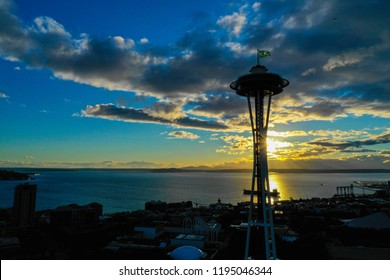 SEATTLE, WASHINGTON, USA - SEPTEMBER 15, 2018: Aerial Drone Image Of The Seattle Space Needle At Sunset