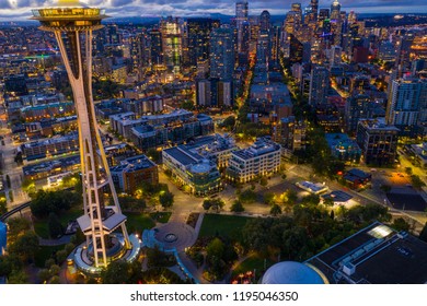 SEATTLE, WASHINGTON, USA - SEPTEMBER 15, 2018: Aerial Image Seattle Space Needle At Night