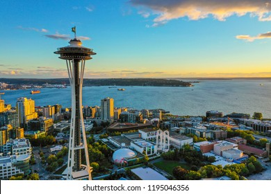 SEATTLE, WASHINGTON, USA - SEPTEMBER 15, 2018: Seattle Space Needle Landmark Tourist Attraction Shot With An Aerial Drone