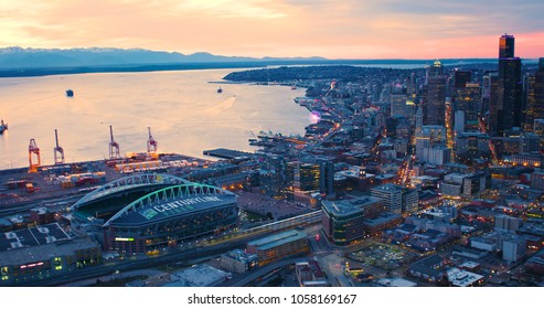 Seattle, Washington/USA - March 12, 2018: Aerial View Century Link Field And Downtown Seattle Sunset Lighting