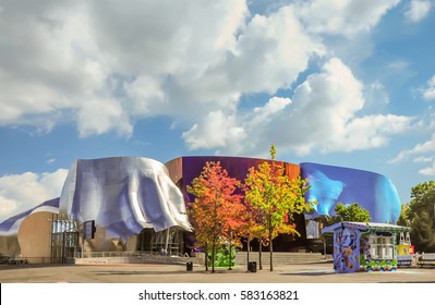 Seattle,USA-  20 Sep,2011 : The Museum of Pop Culture with colorful tree standing in front of buildings .