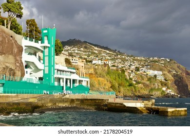 Seawater Swimming Complex Da Barreirinha In Funchal, Madeira Island, Built Into The Seaside Rock In Dramatic Evening Light.