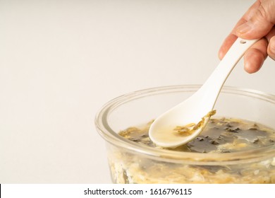 Seaweed Egg Flower Soup In Glass Bowl On Pure White Background