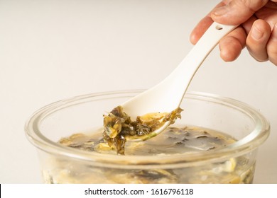 Seaweed Egg Flower Soup In Glass Bowl On Pure White Background