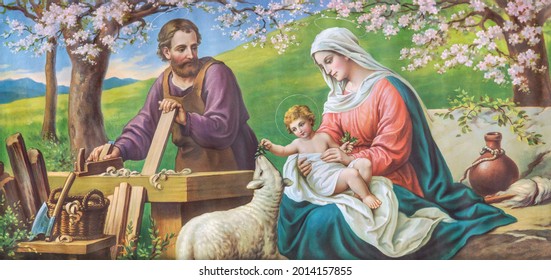 SEBECHLEBY, SLOVAKIA - AUGUST 13, 2020: Typical catholic image  image of Holy Family from the beginn of 20. cent.  from Italy originally by Sonino painter.