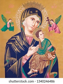 SEBECHLEBY, SLOVAKIA - FEBRUARY 26, 2016: Typical Catholic Image Of Madonna With The Child (Our Lady Of Perpetual Help) From The End Of 19. Cent. Originally By Unknown Painter.