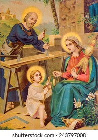 SEBECHLEBY, SLOVAKIA - JANUARY 2, 2015: Typical catholic image printed image of Holy Family (in my own home)  from the end of 19. cent.  printed in Germany originally by unknown painter.