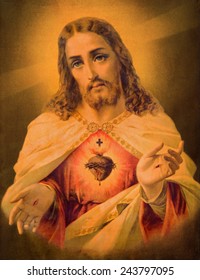 SEBECHLEBY, SLOVAKIA - JANUARY 2, 2015: Typical Catholic Image Of Heart Of Jesus Christ From Slovakia (in My Own Home) Printed In Germany From The End Of 19. Cent. Originally By Unknown Artist.