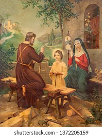 SEBECHLEBY, SLOVAKIA - JULY 27, 2015: Typical Catholic Image Of Holy Family Originally By Unknown Painter From The End Of 19. Cent.