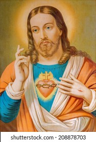 SEBECHLEBY, SLOVAKIA - JULY 30, 2014: Copy Of Typical Catholic Image Of Heart Of Jesus Christ From Slovakia Printed On 19. Originally By Unknown Artist. 