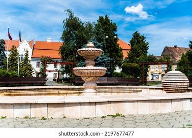 SEBES, ROMANIA - AUGUST 24, 2022: Artesian Fountain In The City Hall Park, Sebes, Alba County.