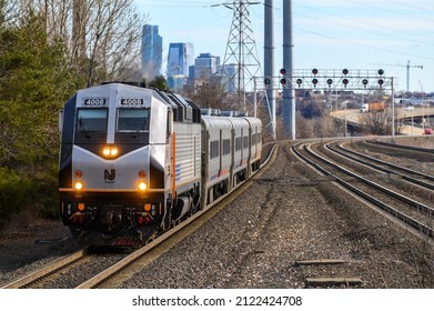 Secaucus NJ, USA 02 12 2022 New Jersey Transit Train Approaching