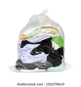 second hand clothes in the plastic bag isolated white background, clothes in bags plastic for donation, pile of dirty clothes, old cloth in plastic bag, clothes second hand for donate, clipping path