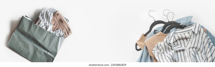 Second hand clothes, used wardrobe. Circular fashion, fast fashion, eco-friendly sustainable shopping, clothing recycling, top view,eco friendly, retail,no waste