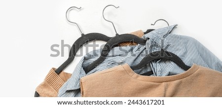 Second hand clothes, used wardrobe. Circular fashion, fast fashion, eco-friendly sustainable shopping, clothing recycling, top view,eco friendly, retail,no waste
