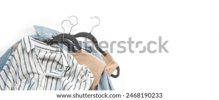 Second hand clothes, used wardrobe. Circular fashion, fast fashion, eco-friendly sustainable shopping, clothing recycling, top view,eco friendly, retail,no waste