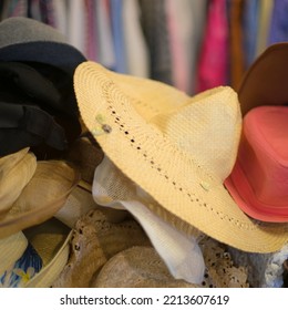 Second Hand Clothing Decorative Old Hats On A Rummage Table