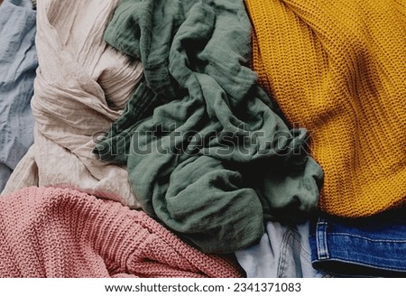 Second hand wardrobe idea. Circular fashion, eco friendly sustainable shopping. Top view over woman outfit