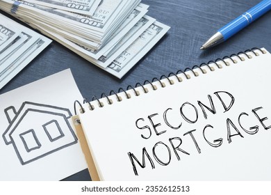 Second mortgage is shown using a text and photo of dollars and picture of house