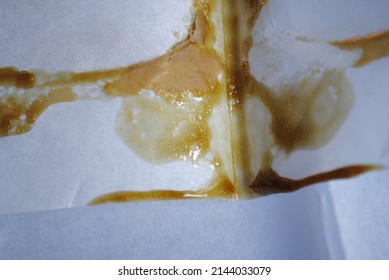 The Second Press Of Cannabis Marijuana Keif Through A Heated Hydraulic Press. Making Weed Hash Oil Rosin From Trichomes Of Pot Plant.