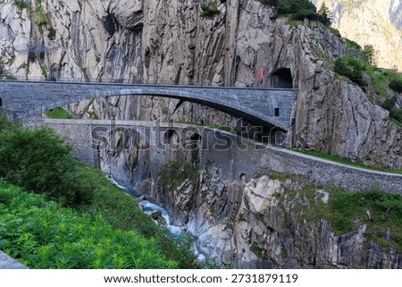 Second and third Teufelsbrücke (Devil's Bridge) over Schöllenen Gorge in the Swiss canton of Uri, Switzerland