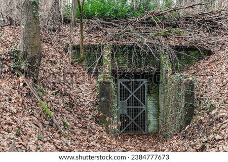 Second world war old abandoned concrete military bunker shelter hidden in forest woods fallen leaves at German-french westwall border in winter autumn. closed grate door dugout secret fortification