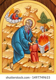 Secovska Polianka, Slovakia. 2019/8/22. The icon of Abraham about to sacrifice His son Isaac on the Mount Moriah. The church of Saint Elijah. 