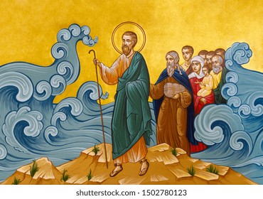 Secovska Polianka, Slovakia. 2019/8/22. The icon of The Crossing of the Red Sea – Moses leading Israelites through the Sea of Reeds. The Greek Catholic church of Saint Elijah. 