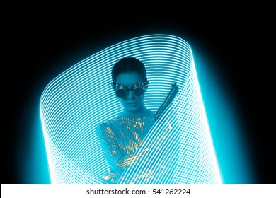 Secret Agent With Gun In Blue Light Painting Effect Backdrop - Tough Steampunk Woman With Pistol
