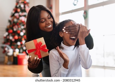 Secret Santa. Joyful African American Lady Holding Gift Box Behind Girl's Back Preparing Surprise For Xmas At Home, Happy Black Woman Covering Daughter's Eyes, Excited Kid Waiting For Present - Powered by Shutterstock